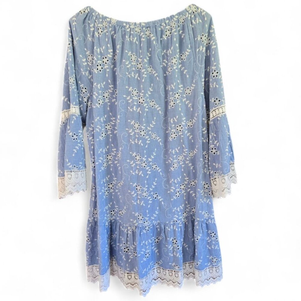Karen Kane Eyelet Floral Off Shoulder Dress Blue White Lace Trim Large - Picture 3 of 8